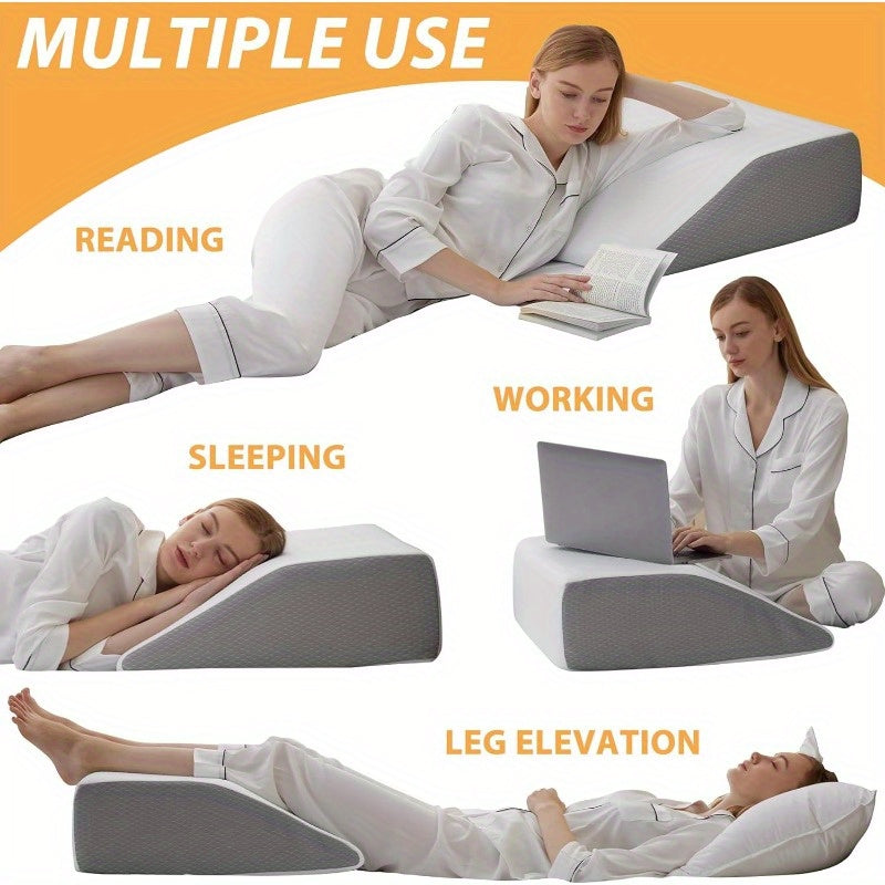 8 Inch Leg Elevating Pillow for Post-Surgery & Relief - Cooling Gel Cotton Top, Ergonomic Wedge Pillow for Improved Circulation, Side Sleeping Support, White & Grey, Contemporary Design | Highdensity Foam